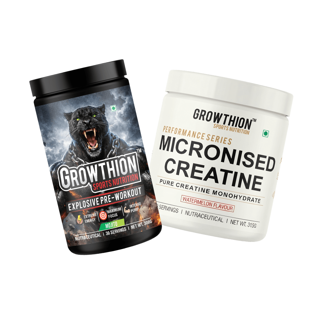 Two Growthion Xplosive Pre-Workout supplement bottles showcasing Watermelon and Mojito flavours