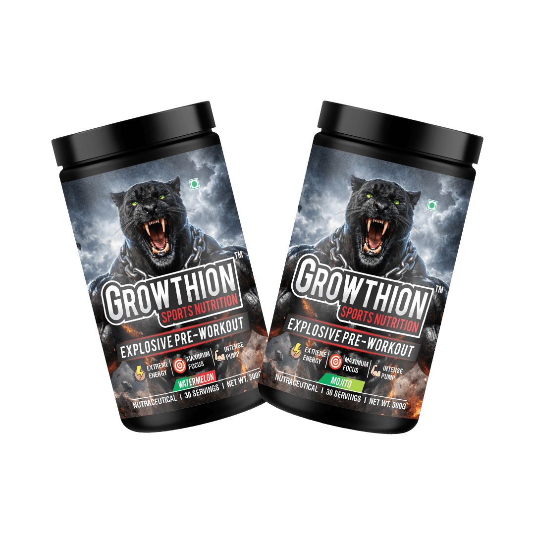 Two Growthion Xplosive Pre-Workout supplement bottles showcasing Watermelon and Mojito flavours